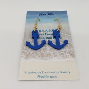 643- Nautical Anchor Wooden Blue Color Dangle Earrings Handmade NWT